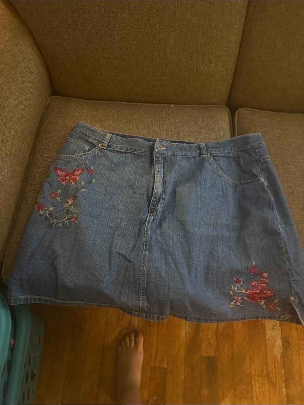 L.A. Blues Blue Denim Mini Skirt with Embroidered Red & Pink Accents